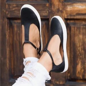 Women's Black T-Strap Casual Flats with White Sole